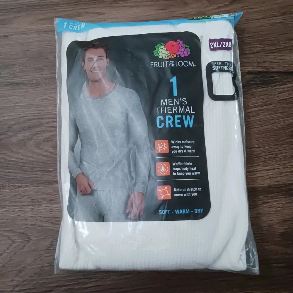 Fruit of the Loom Mens Thermal Crew Neck Top Natural Waffle Knit 2XL New